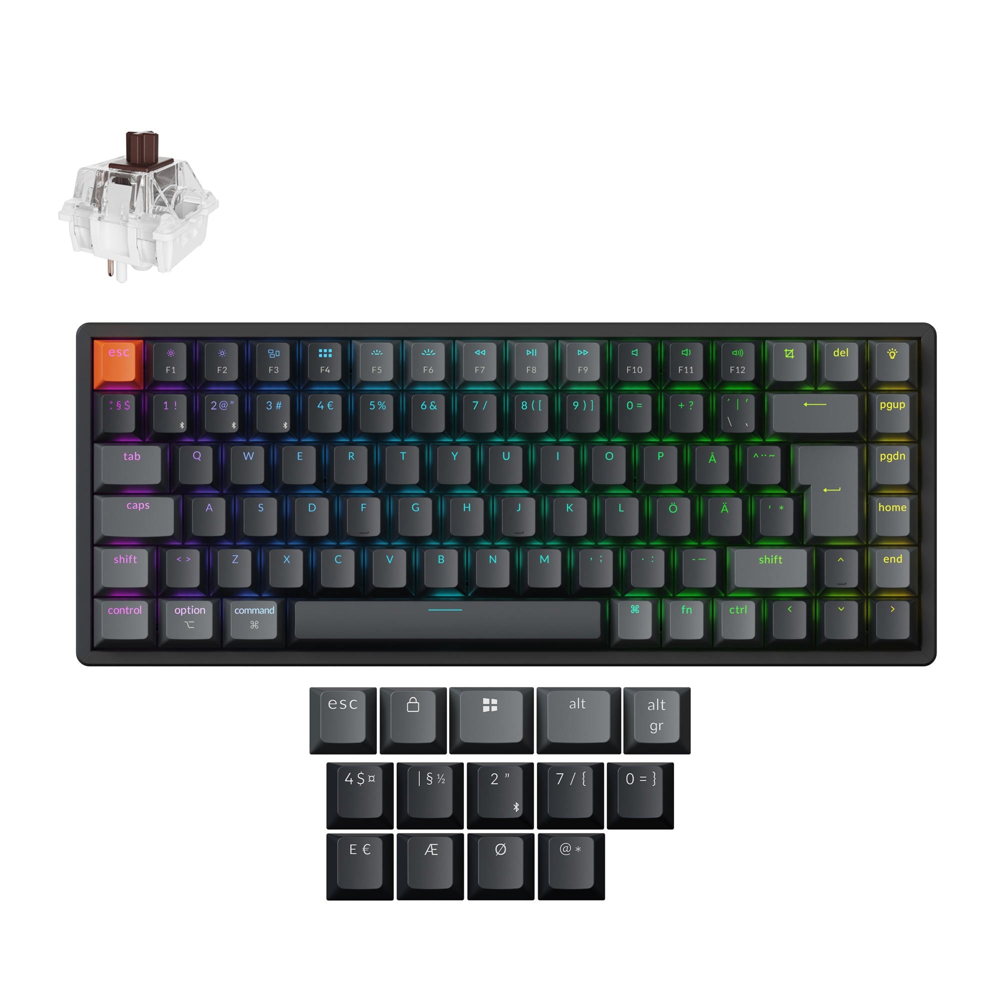 Keychron K2 Version 3 QMK Wireless Keyboard ISO Nordic Aluminum Brown Switch